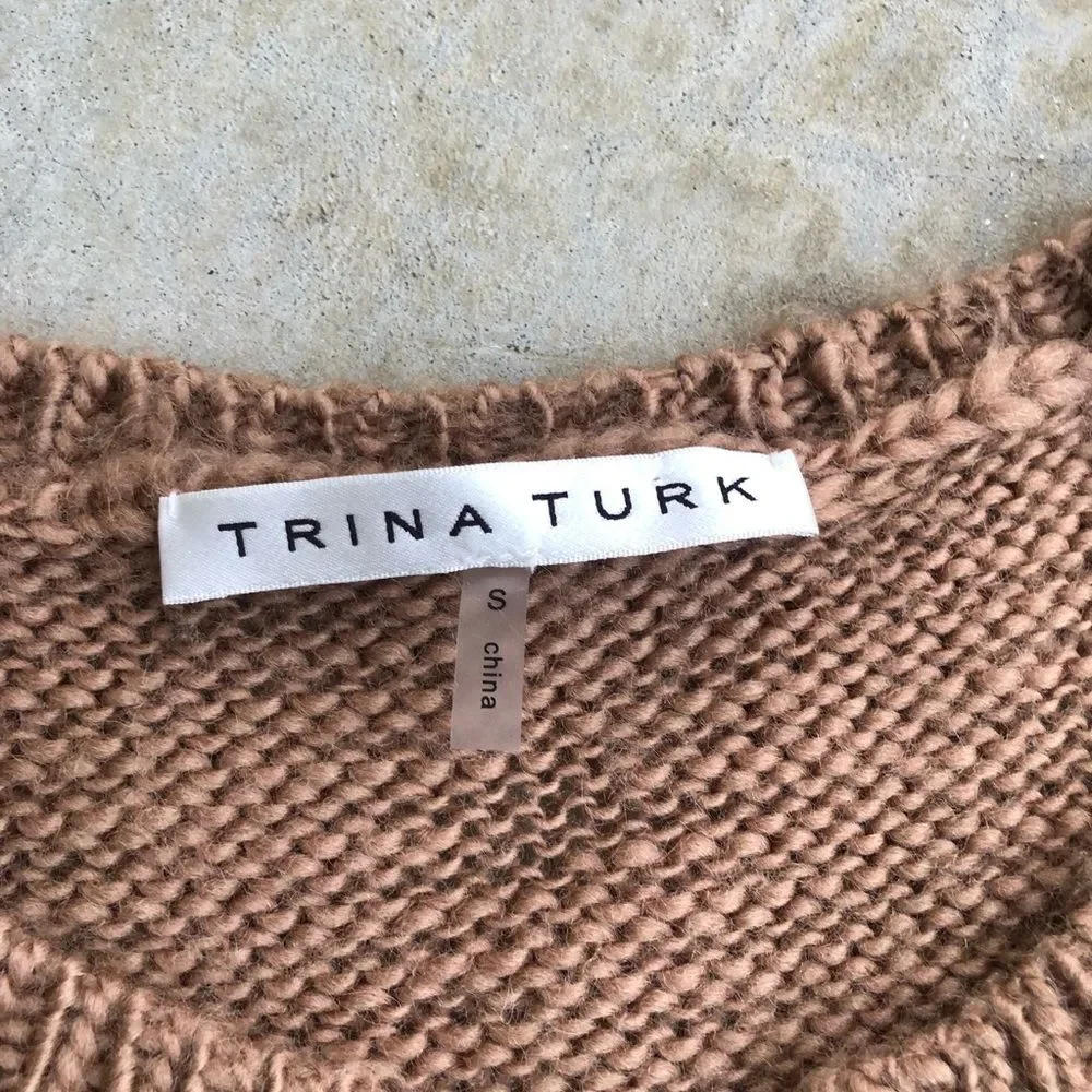 Trina Turk Wool Fringe Cardigan Jacket Boho Western Brown Tan Knit Sweater S
